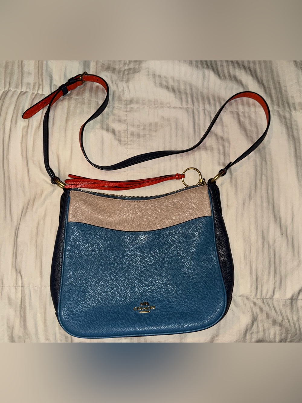 Coach Colorblock Pebbled Leather Crossbody - Blue, Cream & Orange - Picture 2 of 6